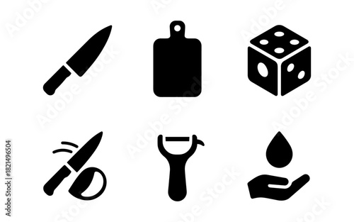 Kitchen utensils silhouette set featuring knife, cutting board, dice, and peeler