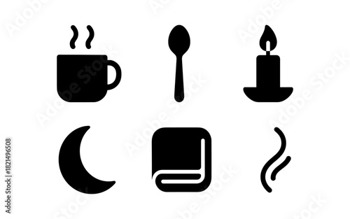 Minimalist icons of cozy evening objects in silhouette style