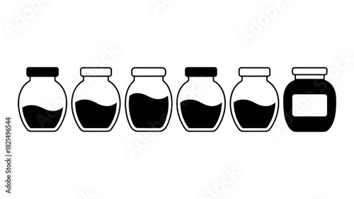 Simple black and white vector illustration of six jars with varying fill levels and one labeled full jar, concept of quantity, storage, and progress