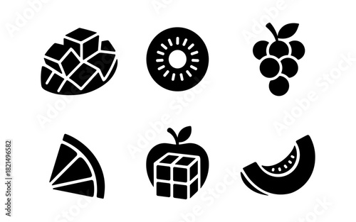 Fruit icon set: modern silhouette style featuring melon, kiwi, banana, and more