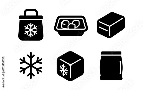 Minimalist icons of frozen food, ice cubes, and cold storage containers