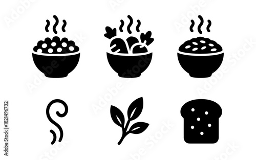 Minimalist food icons: steaming dishes, ingredients, and bread in bold silhouettes