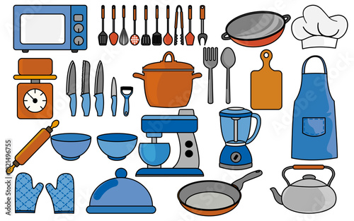 Kitchen utensils. Kitchenware tools and equipment.