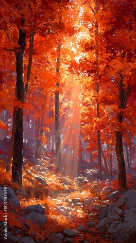 Sunlight Filters Through Autumn Trees in a Peaceful Forest Setting