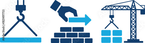 Construction process icons lifting, building, and crane operations