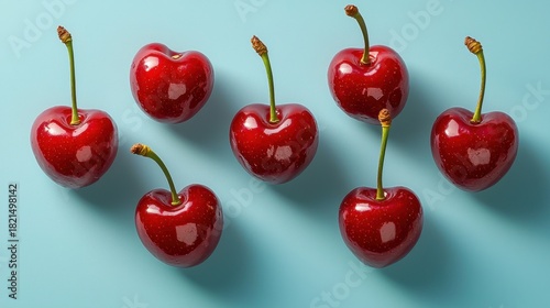 Heart-Shaped Red Cherries on Blue Background for Creative Projects