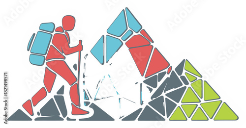 Geometric Style Hiker Ascending Mountains with Backpack Vector Illustration on a Transparent Background