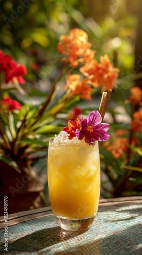 Refreshing Tropical Cocktail Surrounded by Vibrant Flowers in a Garden Settin...