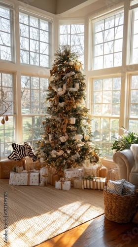 Beautifully Decorated Christmas Tree With Presents in Sunny Living Room