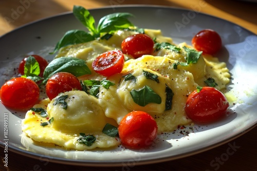 Fresh Ravioli Served With Cherry Tomatoes and Basil in a Cozy Restaurant Setting