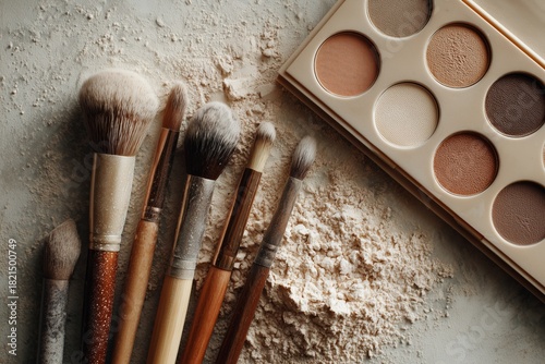 Colorful Makeup Palette and Brushes on a Surface With Pigments Scattered Around