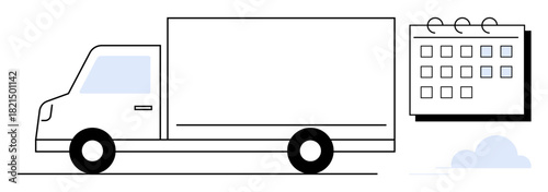Cargo truck and calendar emphasize transportation, logistics, delivery schedule, time management, and organization. Ideal for shipping, business planning, e-commerce, supply chain logistics