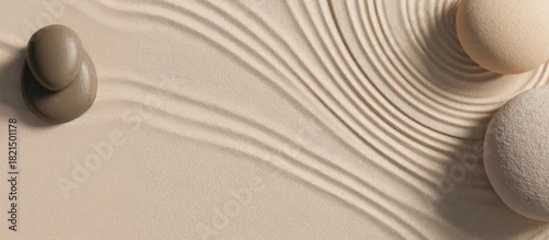 Obraz  z motywem soft beige sand surface with delicate raked circular patterns, gentle stone tones, organic symmetrical rings flowing outward, minimalist zen