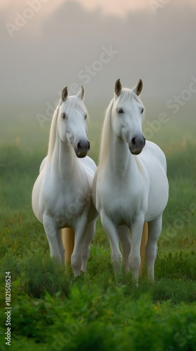 Two White Horses in a Green Field at Sunrise in a Tranquil Rural Setting
