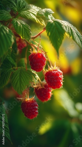 Ripe Raspberries Hanging From Green Leaves Under Soft Sunlight in a Garden