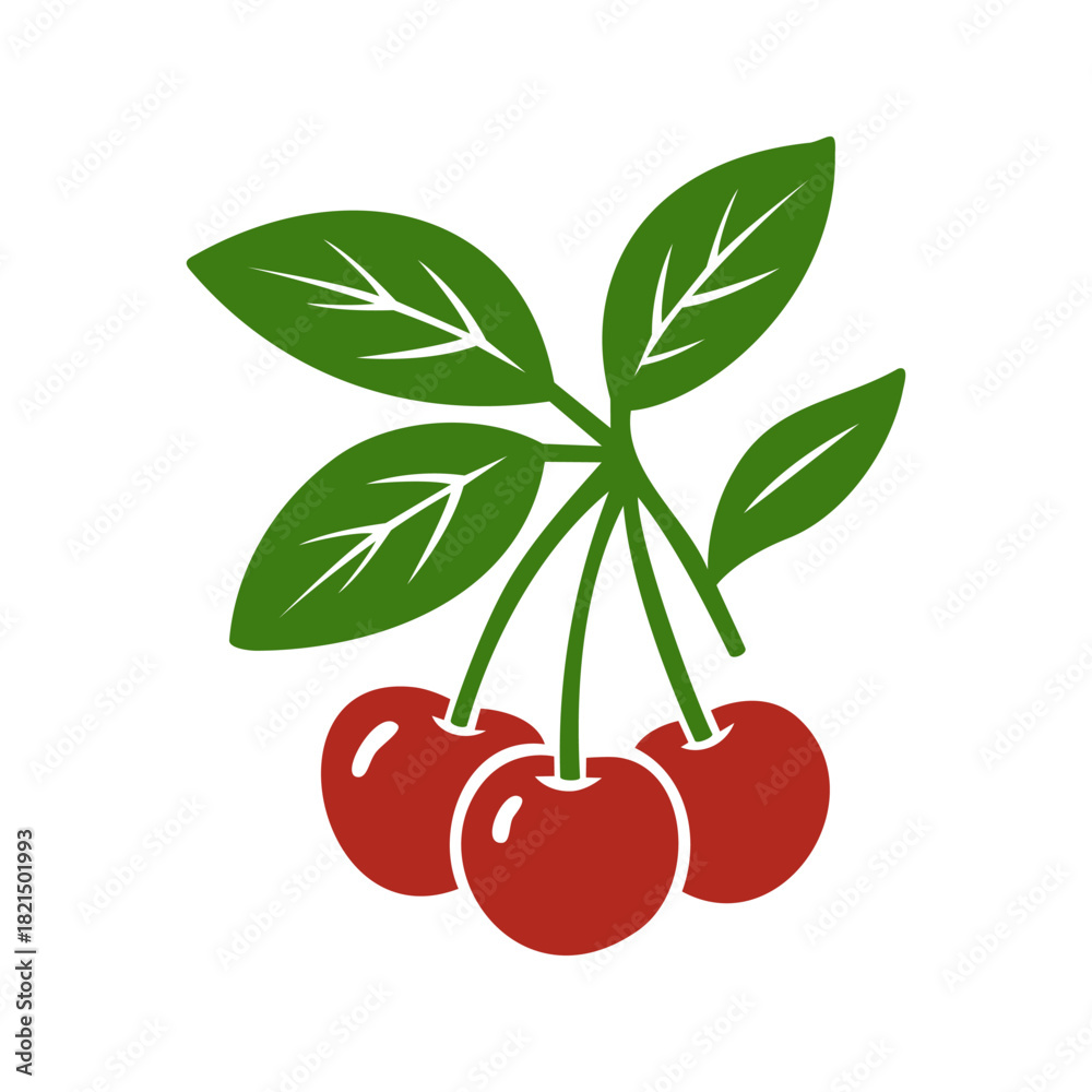 Obraz premium Cherry branch with three fruits and leaves. Flat vector illustration of red cherries for food, summer and natural design themes