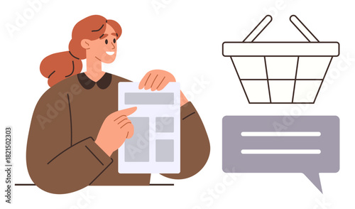 Smiling woman holding a document, pointing to product details. Empty shopping basket and speech bubble nearby. Ideal for online shopping, communication, retail, decision-making, e-commerce, customer