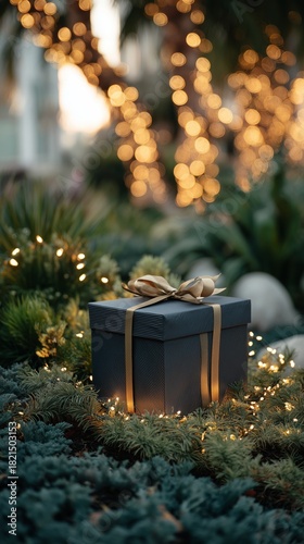 Gift Wrapped in Soft Fabric Sits Among Glowing Lights in a Serene Outdoor Set...