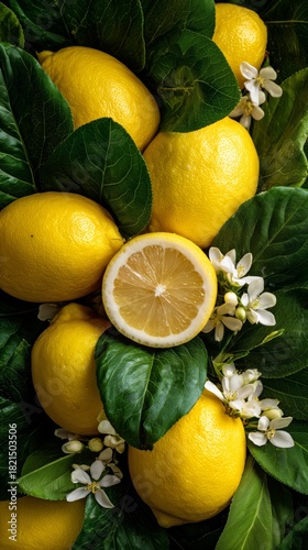 Fresh Lemons With Blossoms and Green Leaves Arranged on a Surface