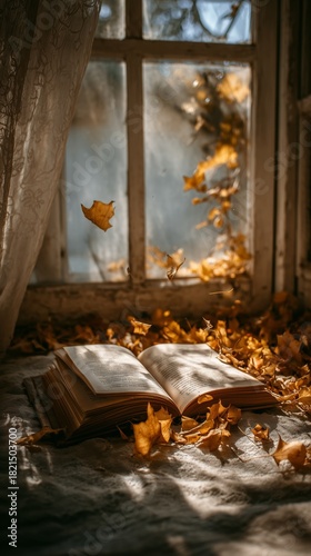 Warm Autumn Scene With a Book and Falling Leaves Near a Window
