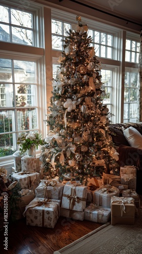 Beautifully Decorated Christmas Tree With Presents in Sunny Living Room