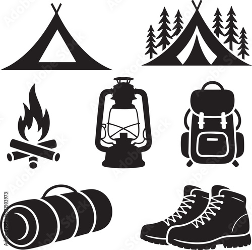 Black silhouette camping icons including tent campfire lantern backpack sleeping bag and hiking boots