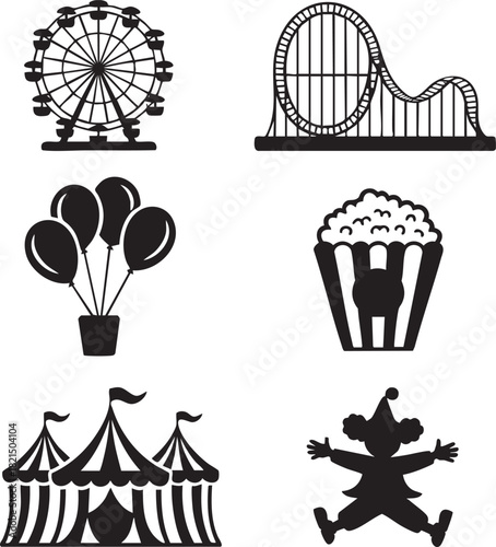 Black silhouette icons of amusement park attractions and entertainment elements ride roller