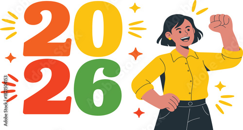 An enthusiastic woman celebrates vibrant 2026, embodying optimism and a promising future ahead