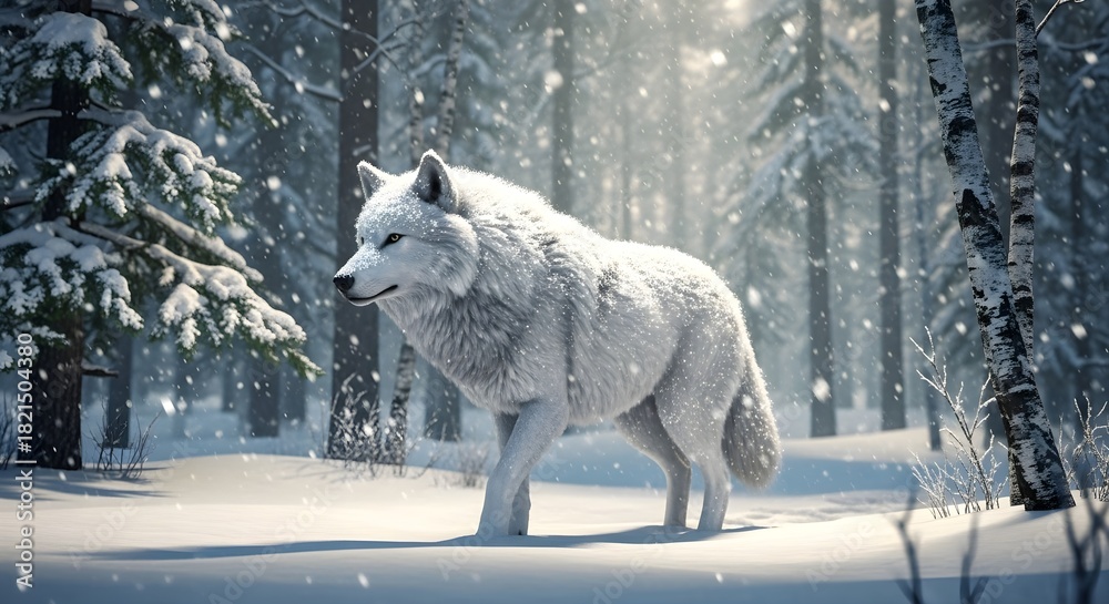Obraz premium Majestic white wolf walks through a snowy winter forest bathed in soft light.