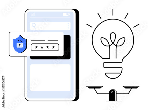 Mobile phone login with secure password feature, illuminated light bulb symbolizing innovation, and scales reflecting balance. Ideal for technology, innovation, security, creativity, balance, ideas