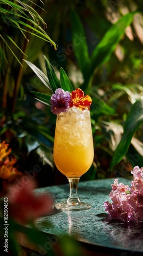 Refreshing Tropical Cocktail Surrounded by Vibrant Flowers in a Garden Settin...
