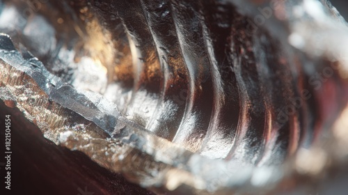 ultra realistic close up of metal foil core inside catalytic converter, clean metallic layers, bright studio lighting, macro detail