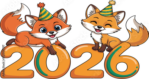 Celebrate 2026 new year with adorable cartoon fox characters wearing party hats and cheerful smiles