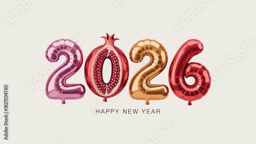 Celebrate 2026 New Year with festive number balloons and pomegranate party decorations