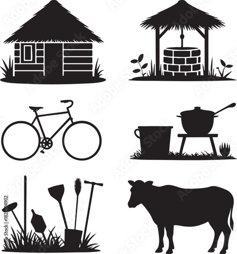 Black silhouette illustrations of rural life objects and structures including a hut well bicycle cooking pot and cow