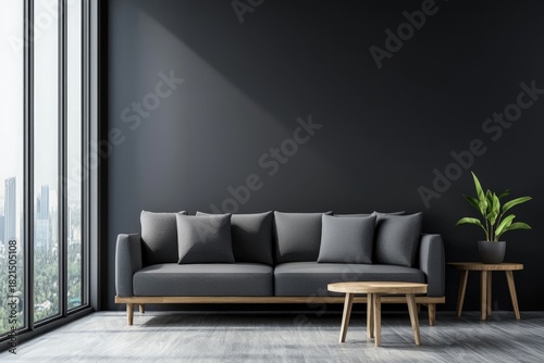 Modern living room interior with dark wall, grey sofa, wooden tables and large window lighting, idea for home decor and interior design concepts