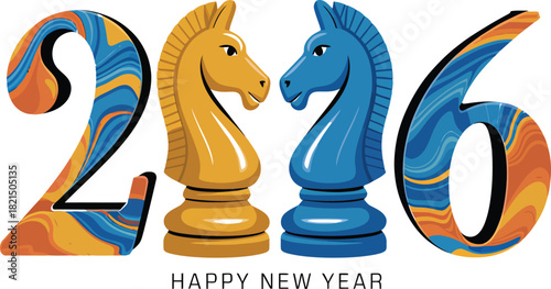 Vibrant 2026 Happy New Year greeting with colorful chess knight symbols for a modern twist