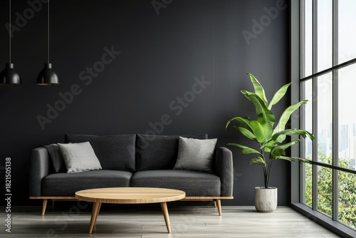 Modern living room interior with dark wall, grey sofa, wooden coffee table and bright window lighting, idea for home decor and interior design concepts