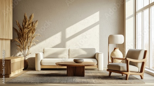 Modern living room with natural wood furniture, beige sofa, armchair, round table, soft sunlight, and minimalist decor in warm neutral tones, idea for interior design presentations, catalogs