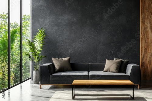 Modern living room with black sofa, wood table, and lush greenery beside large windows, idea for interior design presentations
