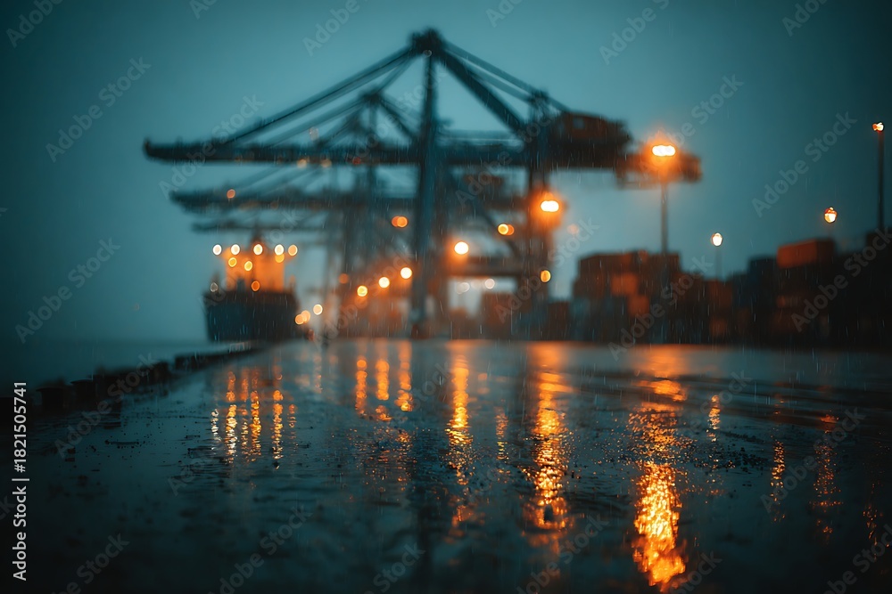 Fototapeta premium Wet port at night reflecting city lights