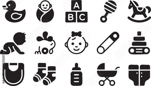 Collection of black baby care icons including duckling blocks rattle horse baby bib socks bottle stroller