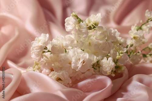 Silk Fabric Background With Delicate White Flowers Arranged on Soft Pink Drapery