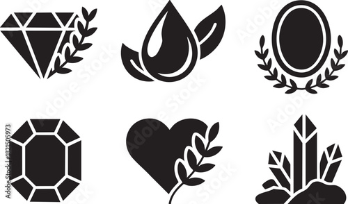 Collection of six black graphic icons featuring gems leaves oval frame and crystals diamond leaf