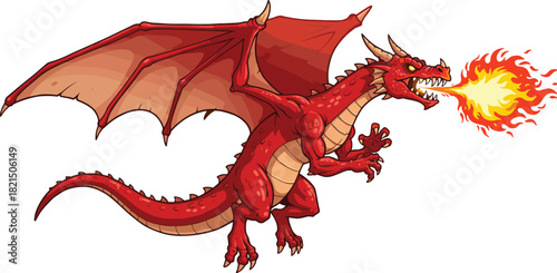 Cartoon red dragon illustration, fire breathing fantasy creature, mythical monster artwork, fierce flying beast drawing, powerful legend design, fantasy mascot