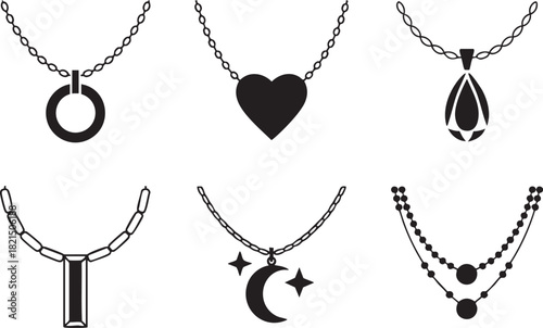 Collection of six black and white graphic necklaces with diverse pendants jewelry chain