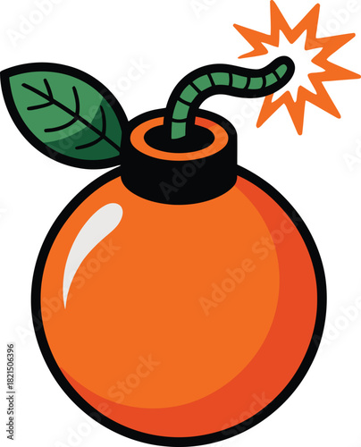 Cartoon styled orange bomb with a lit fuse, green leaf design