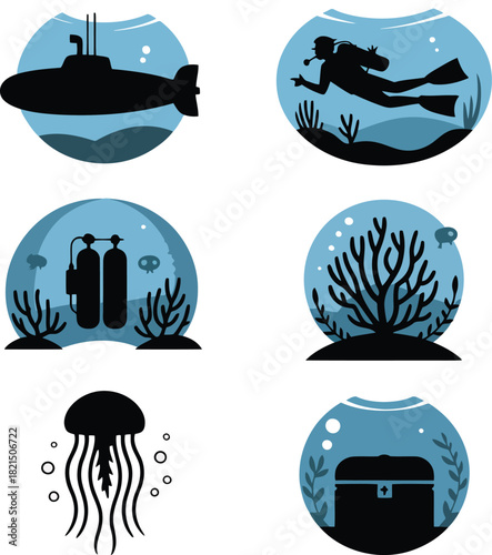 Set of six circular underwater scenes with submarine diver scuba gear coral jellyfish treasure chest