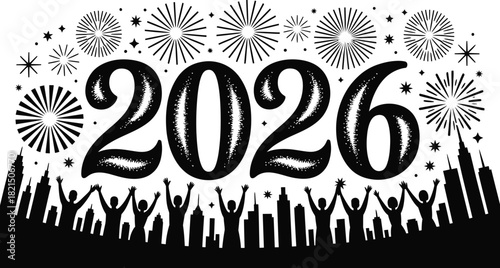 Celebrate 2026 new year cityscape with fireworks and joyful crowd silhouette reaching for future