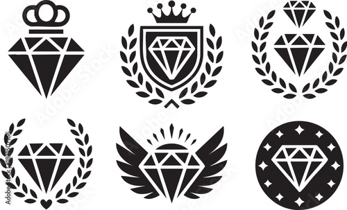 Six black diamond emblems with crowns laurel wreaths wings and stars jewel precious
